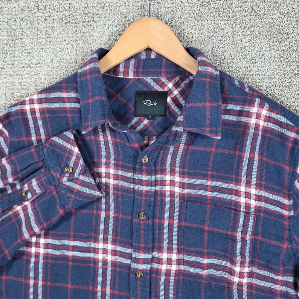 Rails Lennox Mens Soft Flannel Shirt XL Brick Navy White Plaid Cotton Rayon
